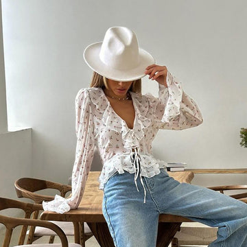 Women's Chiffon Printed Slim-fit Flared Sleeves Tied Lotus Leaf Shirt
