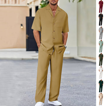 Men's Fashion Trousers Suit – Lapel Button Short Sleeve Shirt & Pocket Straight Pants Set