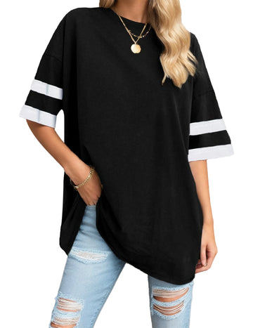 Women's Oversized Loose T-Shirt – Half Sleeve Color Block Cotton Tunic Top