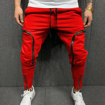 Men's Fashion Cargo Pants – Solid Color Drawstring Casual Multi-Zipper Harem Trousers