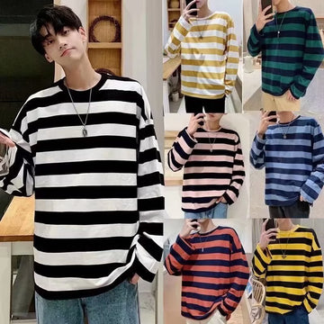 Men’s Autumn Striped T-Shirt – Loose Casual Round Neck Top