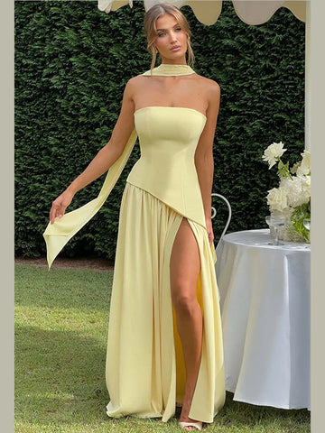 Elegant Yellow Off-Shoulder Pleated Long Dress – Women’s 2025 Chic High Slit Gown