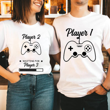 Couple Matching Funny Game Player 1 & Player 2 T-Shirts – Pregnancy Announcement Tops