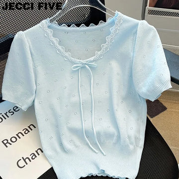 Sweet Bow Lace Ice Silk Short Sleeve T-Shirt – Women’s Summer Slim Fit Chic Top