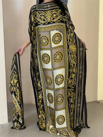 2025 Printed Silk Muslim Abaya for Women – Elegant Maxi Robe with Belt & Turban