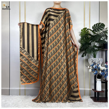 2023 Printed Silk Muslim Abayas for Women – Elegant Loose African Maxi Robe with Belt & Turban