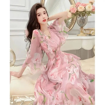 Sweet Chiffon Printed V-Neck Dress – Women’s Spring/Summer Mid-Length Waist-Cinched Skirt