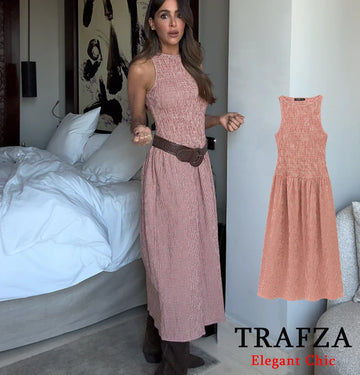 TRAFZA Elegant Plaid Vest Dress – Women’s Sleeveless Long Summer Dress 2025