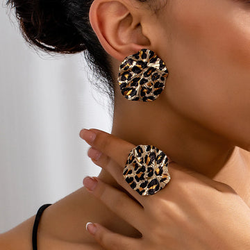 Leopard Print Circular Disc Earring & Ring Set for Women – Trendy 2024 Jewelry Gift