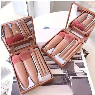 Mini Travel Makeup Brush Set – 5PCS Foldable Kit with Mirror for On-the-Go Glam