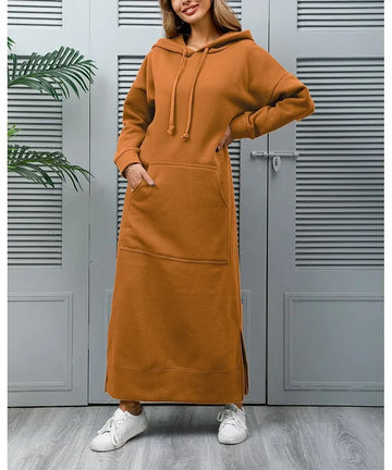 Plush Knitted Hooded Long Dress – Women's Casual Loose Fit Autumn & Winter Dress with Pockets