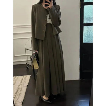 2024 Autumn Women's Two-Piece Dress Set – Suit Jacket & Pleated Midi Skirt Korean Fashion