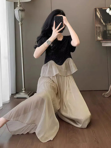 Women’s 2-Piece Pant Set – Ruffle Top & Cozy Trousers, Luxury Full Outfit