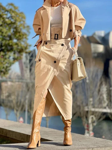 Fashion Two Piece Skirt Set – Women's Cargo Style Jacket & High Split Wrap Skirt Suit