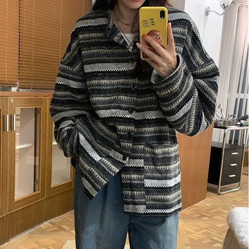 Retro Crew Neck Striped Vintage Cardigan Coat