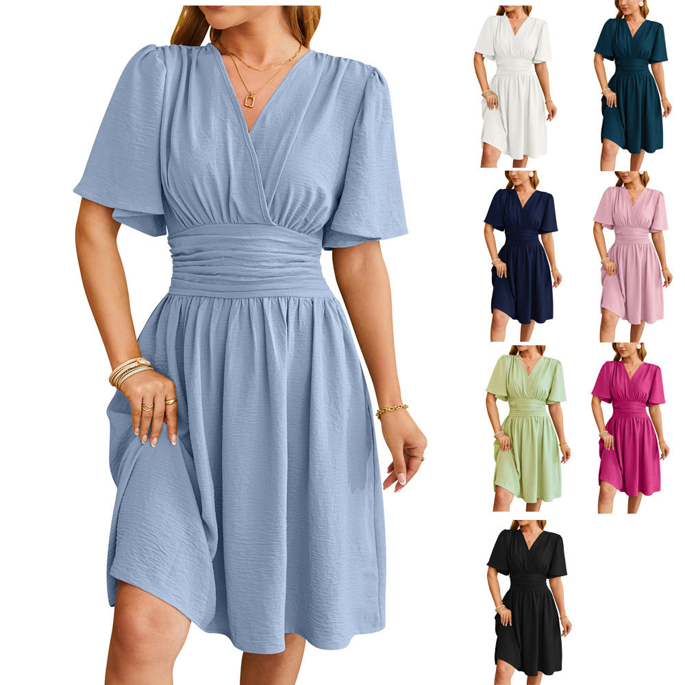 V-Neck Flare-Sleeve Dress – Fitted Waist Fashion Dress for Women
