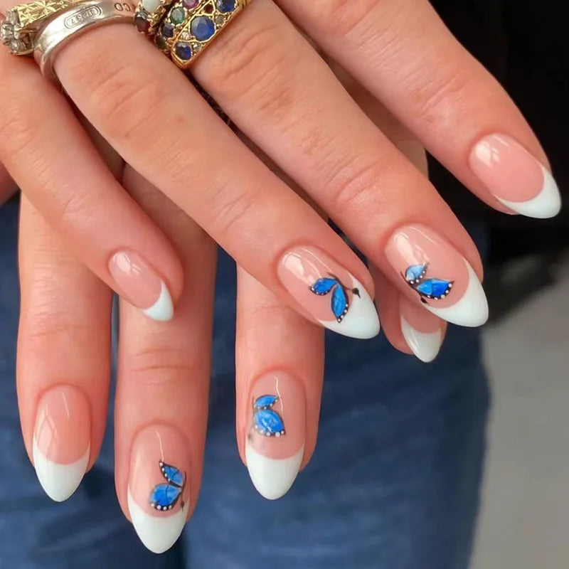 24PCS Blue Butterfly False Nails – DIY Stiletto Nail Art Set with Adhesive