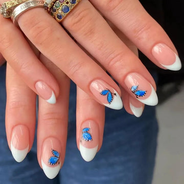 24PCS Blue Butterfly False Nails – DIY Stiletto Nail Art Set with Adhesive