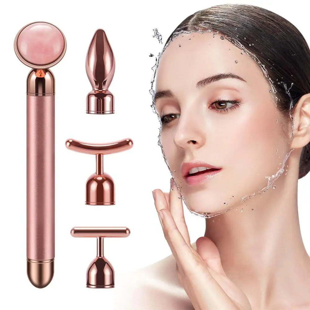 4 in 1 Vibrating Rose Quartz Roller – Face, Eye & T-Shaped Slimming Beauty Massager