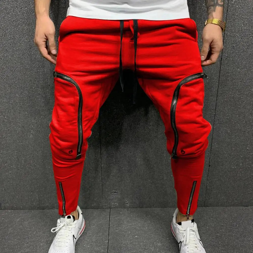 Men's Fashion Cargo Pants – Solid Color Drawstring Casual Multi-Zipper Harem Trousers