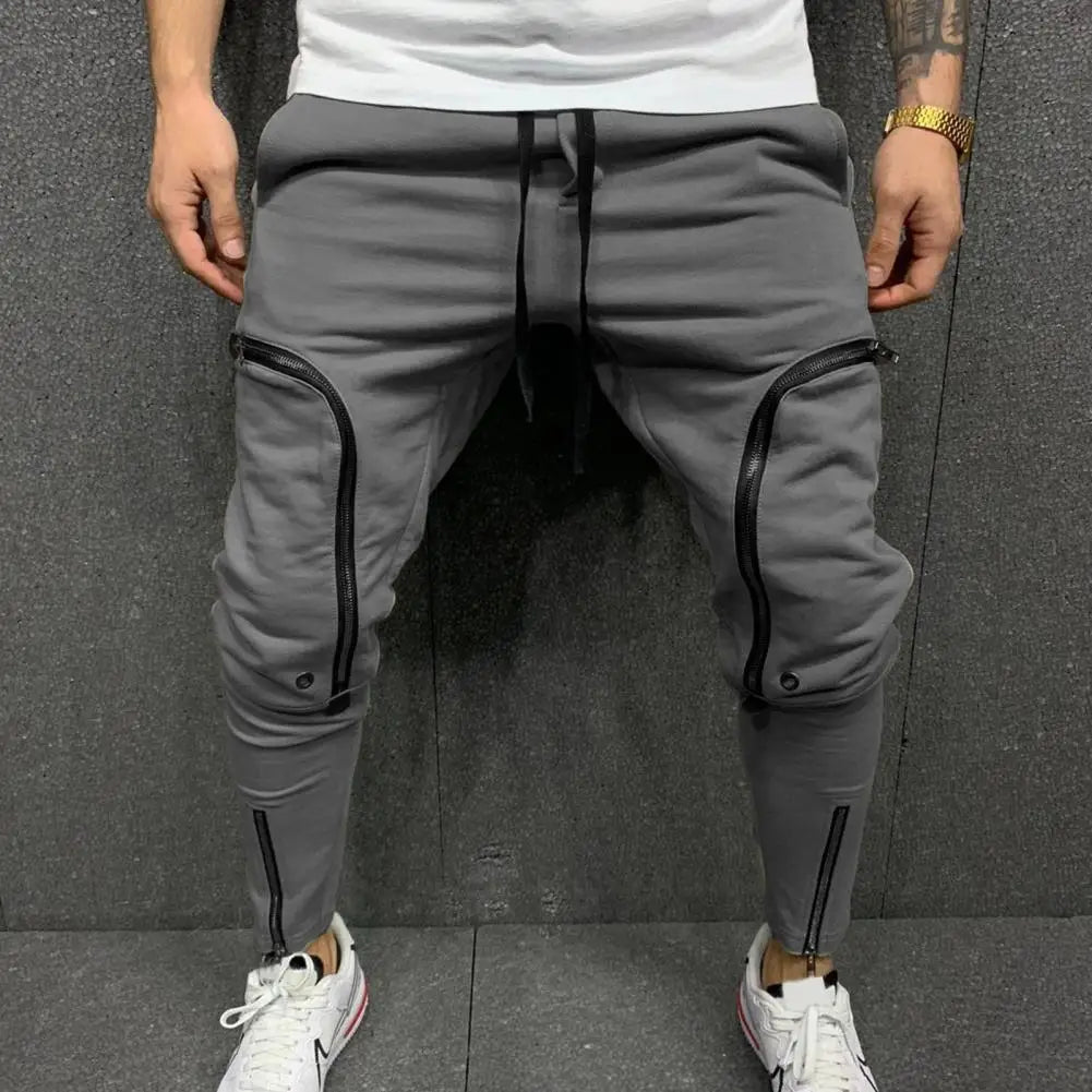 Men's Fashion Cargo Pants – Solid Color Drawstring Casual Multi-Zipper Harem Trousers