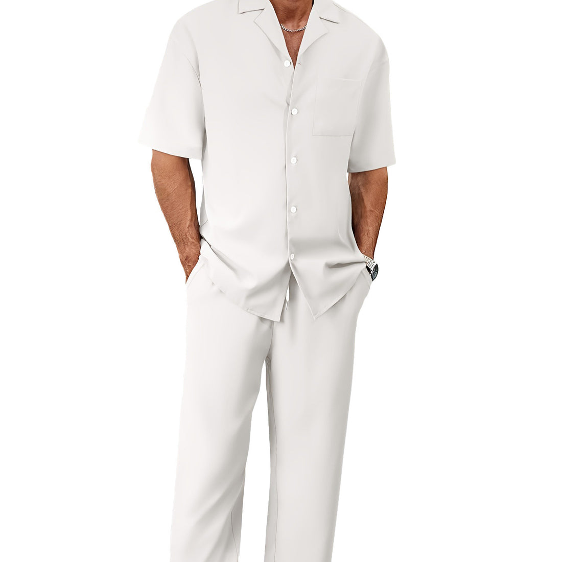 Men's Fashion Trousers Suit – Lapel Button Short Sleeve Shirt & Pocket Straight Pants Set