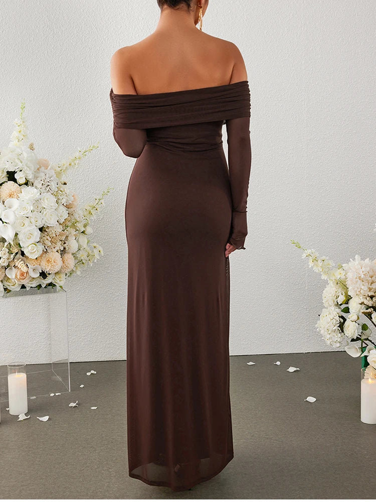 NewAsia Off-Shoulder Mesh Long Dress – Backless Trumpet Sleeve Party Maxi Dress for Women