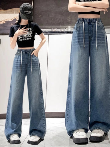 High Waist Wide Leg Jeans for Women – Light Wash, Elastic Waist, Plus Size, Floor-Length