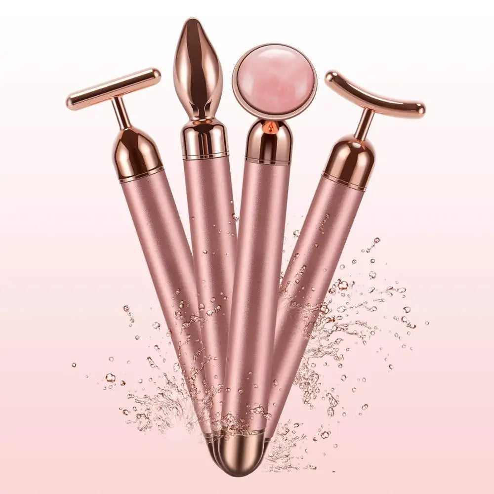 4 in 1 Vibrating Rose Quartz Roller – Face, Eye & T-Shaped Slimming Beauty Massager