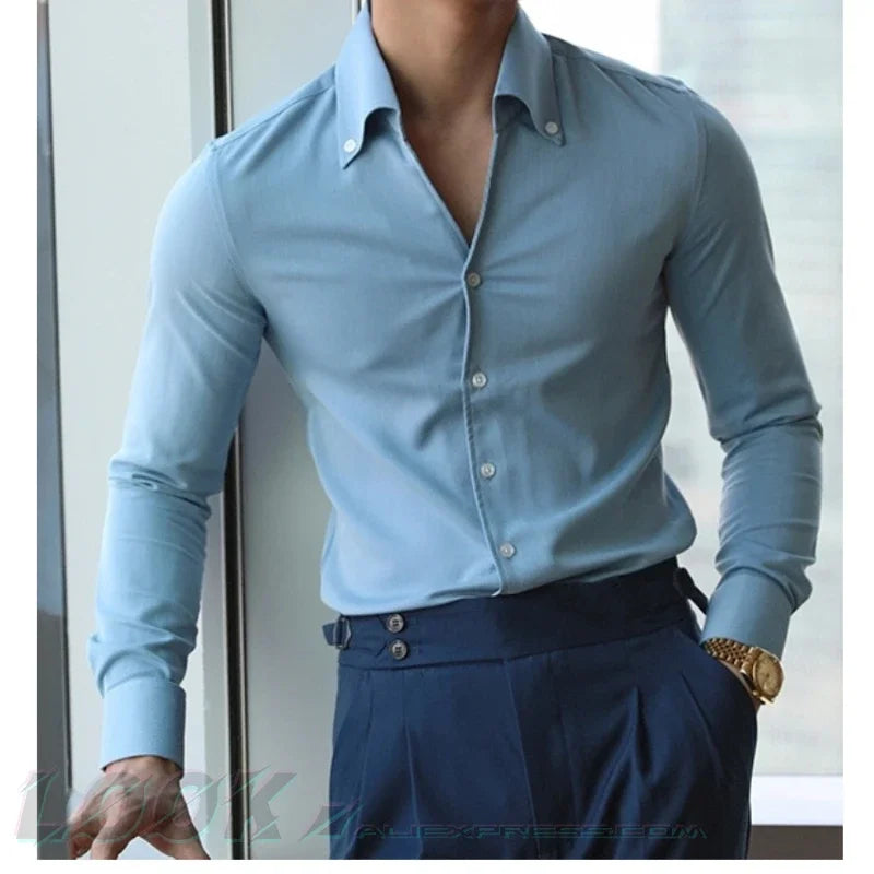 Men's Italian Collar Wrinkle-Free Shirt – Slim Fit Fashionable Lapel Design for Youth
