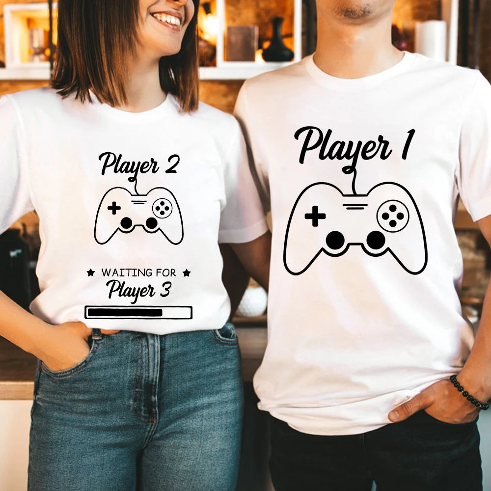 Couple Matching Funny Game Player 1 & Player 2 T-Shirts – Pregnancy Announcement Tops