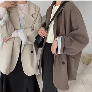 Women's Oversized Black Blazer – Korean Chic Double-Breasted Tweed Jacket 2024