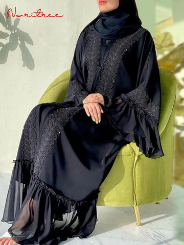Fashion Lace Stitching Muslim Abaya – Full Length Flare Sleeve Dubai & Turkey Robe with Belt WY1391