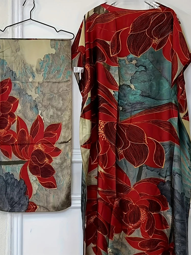 2025 Printed Silk Muslim Abaya for Women – Elegant Maxi Robe with Belt & Turban