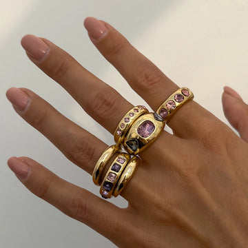 Salircon 6Pcs Purple Zircon Adjustable Ring Set – Gold Open Rings for Women’s Daily Jewelry