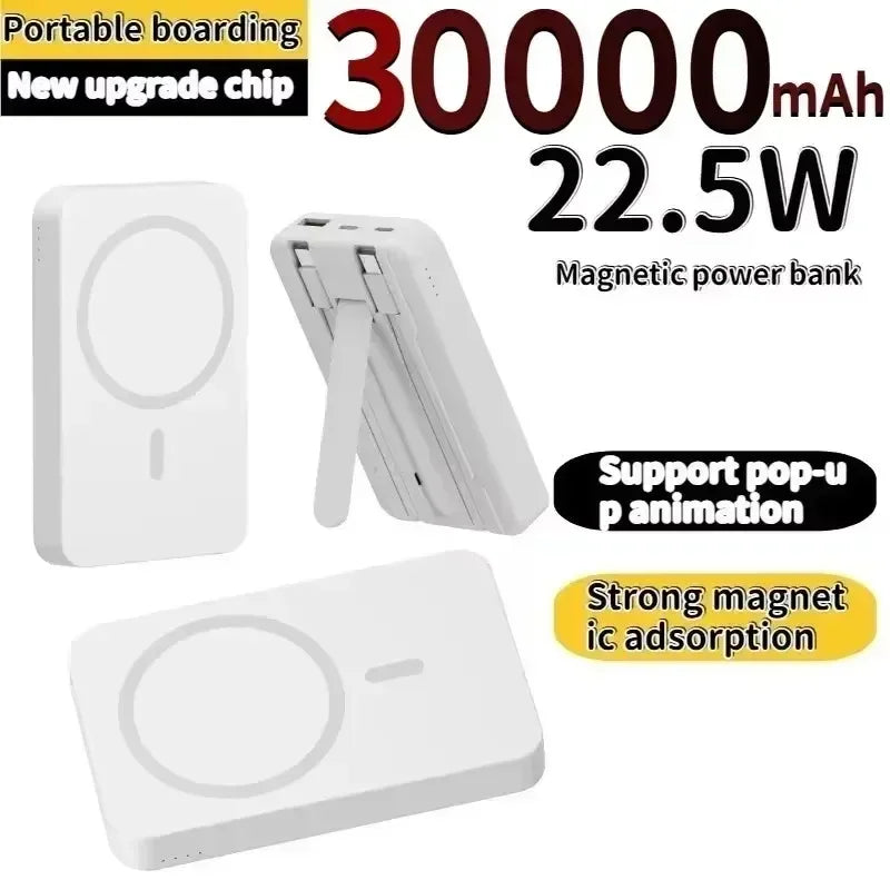 Wireless Power Bank 30000mAh – Magnetic Fast Charging Portable Charger with Built-in Cable Holder