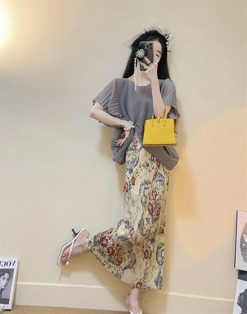 Elegant Slim Gray Pleated Short-Sleeve Dress – Women’s Summer Party & Casual Outfit