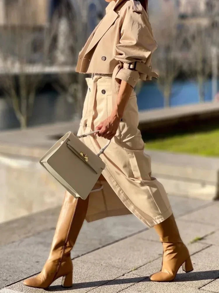 Fashion Two Piece Skirt Set – Women's Cargo Style Jacket & High Split Wrap Skirt Suit