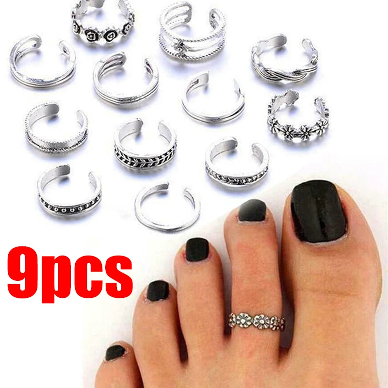 9Pcs Adjustable Toe Rings for Women – Hypoallergenic Open Toe Ring Set for Beach Foot Jewelry
