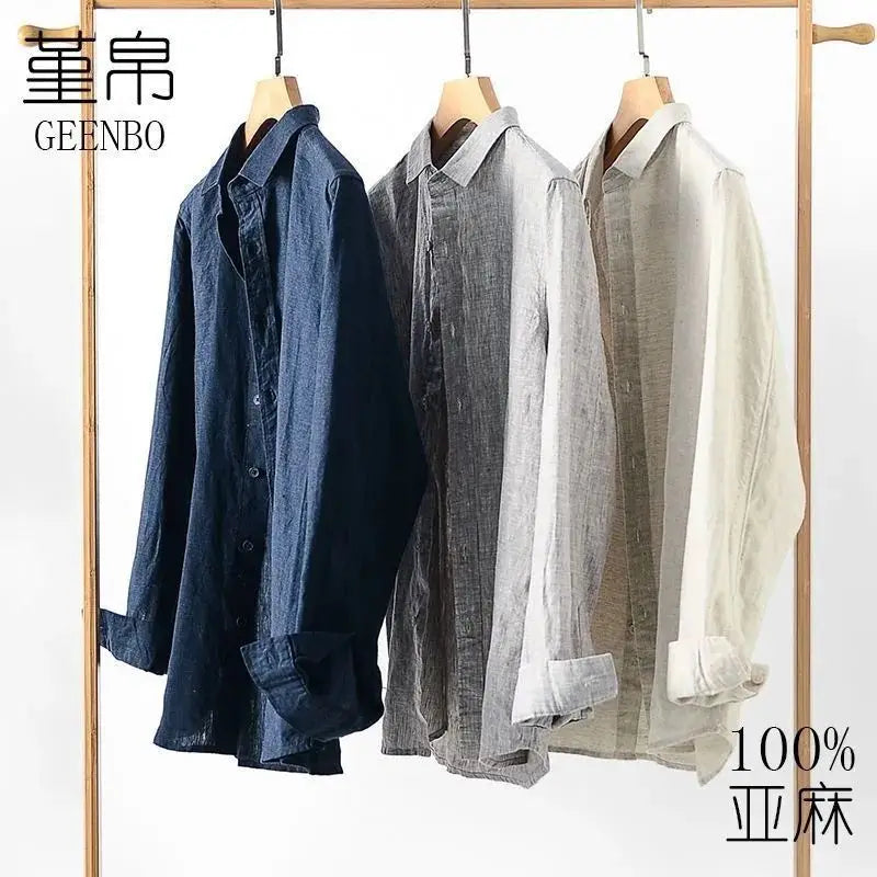 Men's Cotton Linen Long Sleeve Shirt – Lightweight Casual Loose Fit Spring/Autumn Top