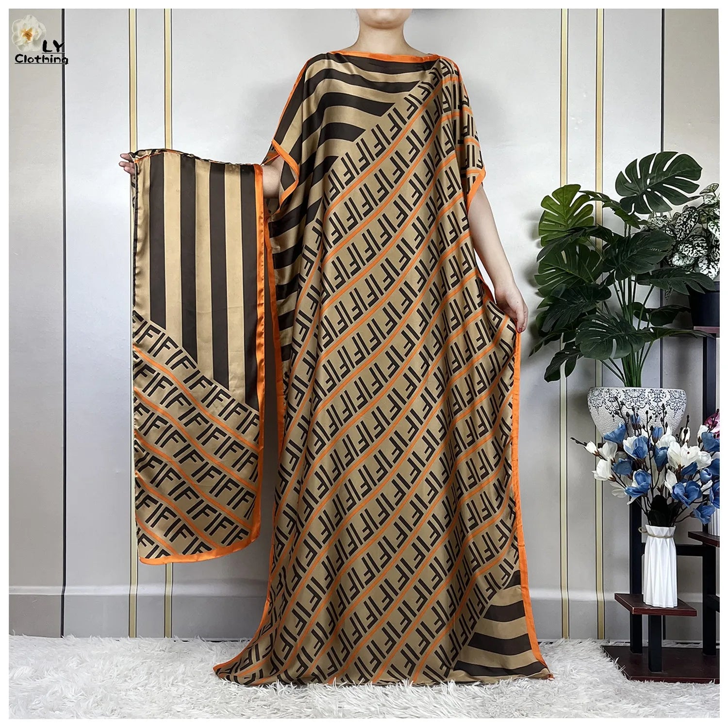 2023 Printed Silk Muslim Abayas for Women – Elegant Loose African Maxi Robe with Belt & Turban