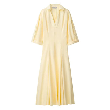 HipSeam V-Neck Midi Dress – Elegant Pleated Casual Long Dress for Women