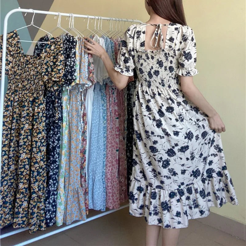 Spring Summer Chiffon A-line Dress – Casual Pleated Short Sleeve Dress for Women