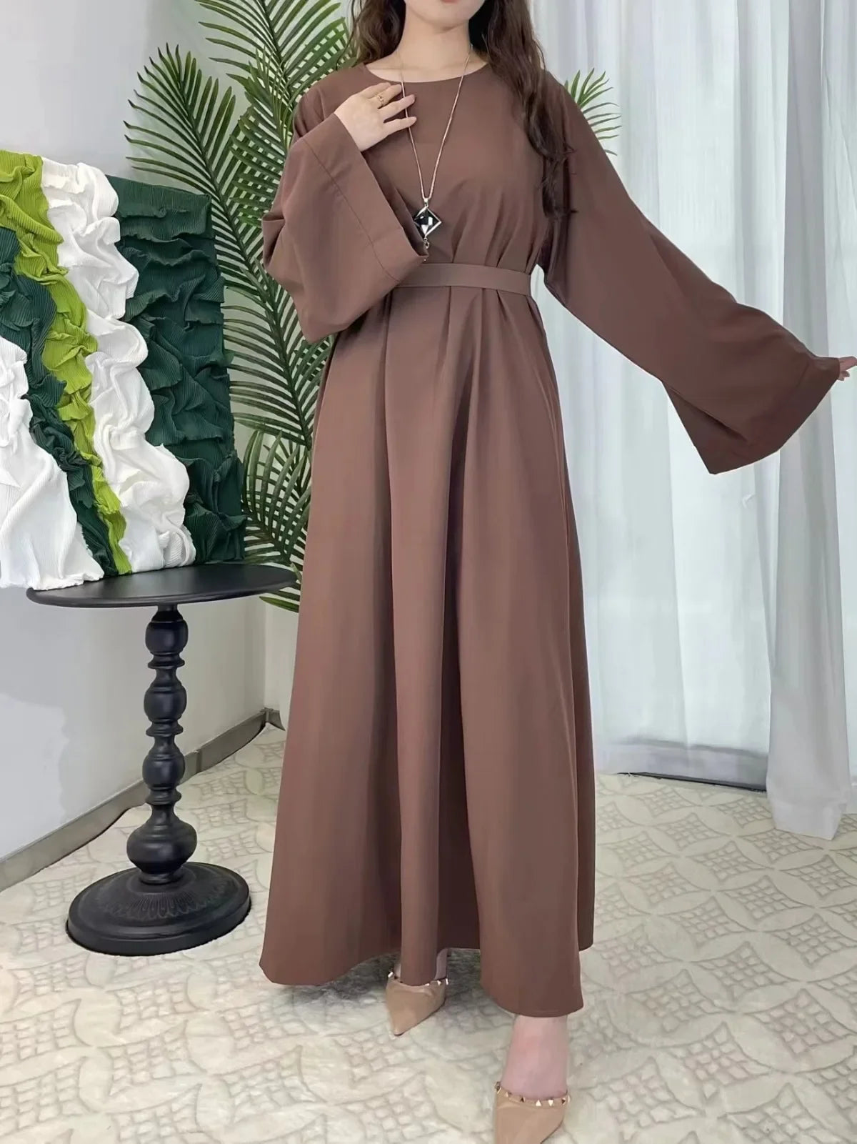 Muslim Women's Kaftan Prayer Dress – Full Sleeve Abaya with Belt for Ramadan & Daily Wear
