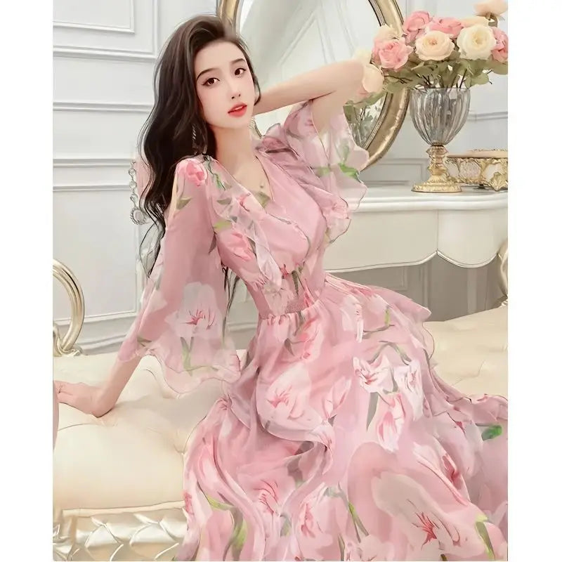 Sweet Chiffon Printed V-Neck Dress – Women’s Spring/Summer Mid-Length Waist-Cinched Skirt