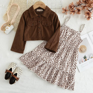 Autumn Girls Coffee Color Outfit – Long Sleeve Lapel Jacket & Floral Camisole Dress 2-Piece Set