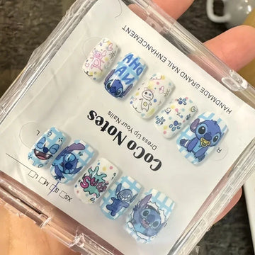 Stitch Themed Fake Nails Set – Cute Cartoon Nail Art Kit with Jelly Glue & Storage Box