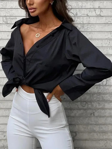 Women's Oversized Long Sleeve Cotton Shirt – 2024 Loose Fit White Blouse