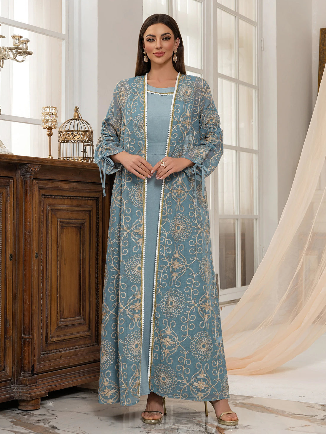 Embroidered Muslim Abaya Set with Belt – Modest Formal Dress for Dubai, UAE, Ramadan & Weddings