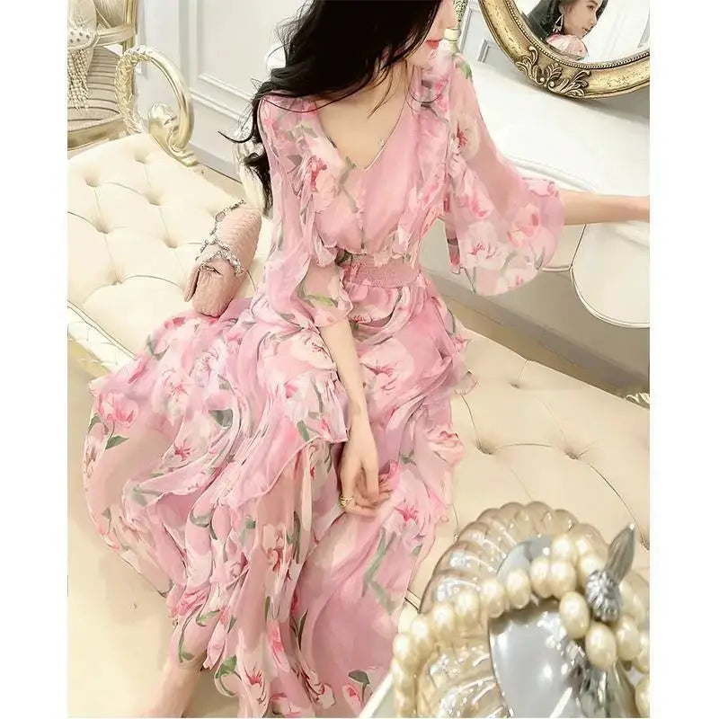 Sweet Chiffon Printed V-Neck Dress – Women’s Spring/Summer Mid-Length Waist-Cinched Skirt